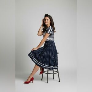 VooDoo Vixen Nautical Print Button A-Line Midi Swing Skirt, Navy/White, L, EUC⚓️